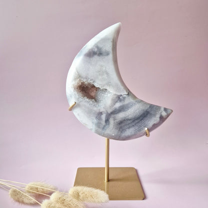 XL Edelsteen Druzy Pink Amethyst Maan – Hoge Kwaliteit #14 1025g | incl. metalen standaard | uniek stuk Roze Amethist