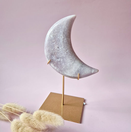 XL Edelsteen Druzy Pink Amethyst Maan – Hoge Kwaliteit #15 294g | incl. metalen standaard | uniek stuk Roze Amethist