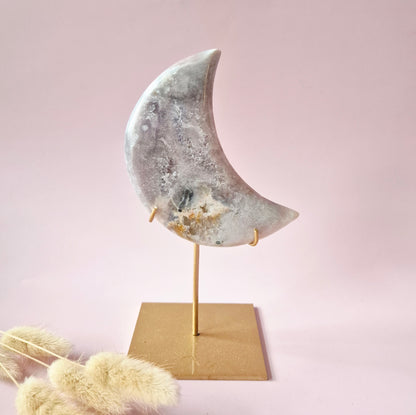 XL Edelsteen Druzy Pink Amethyst Maan – Hoge Kwaliteit #17 179g | incl. metalen standaard | uniek stuk Roze Amethist