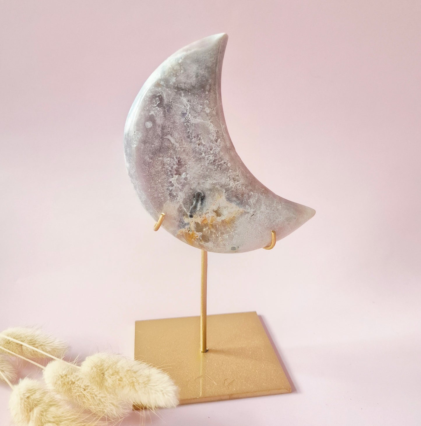 XL Edelsteen Druzy Pink Amethyst Maan – Hoge Kwaliteit #17 179g | incl. metalen standaard | uniek stuk Roze Amethist