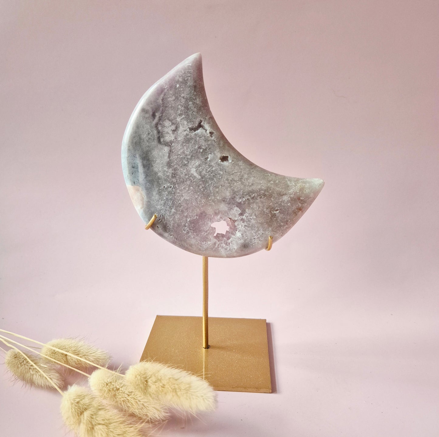 XL Edelsteen Druzy Pink Amethyst Maan – Hoge Kwaliteit #18 168g | incl. metalen standaard | uniek stuk Roze Amethist