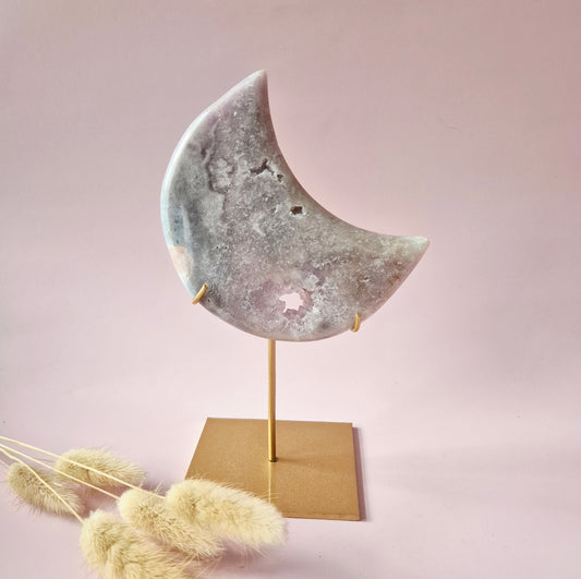 XL Edelsteen Druzy Pink Amethyst Maan – Hoge Kwaliteit #18 168g | incl. metalen standaard | uniek stuk Roze Amethist