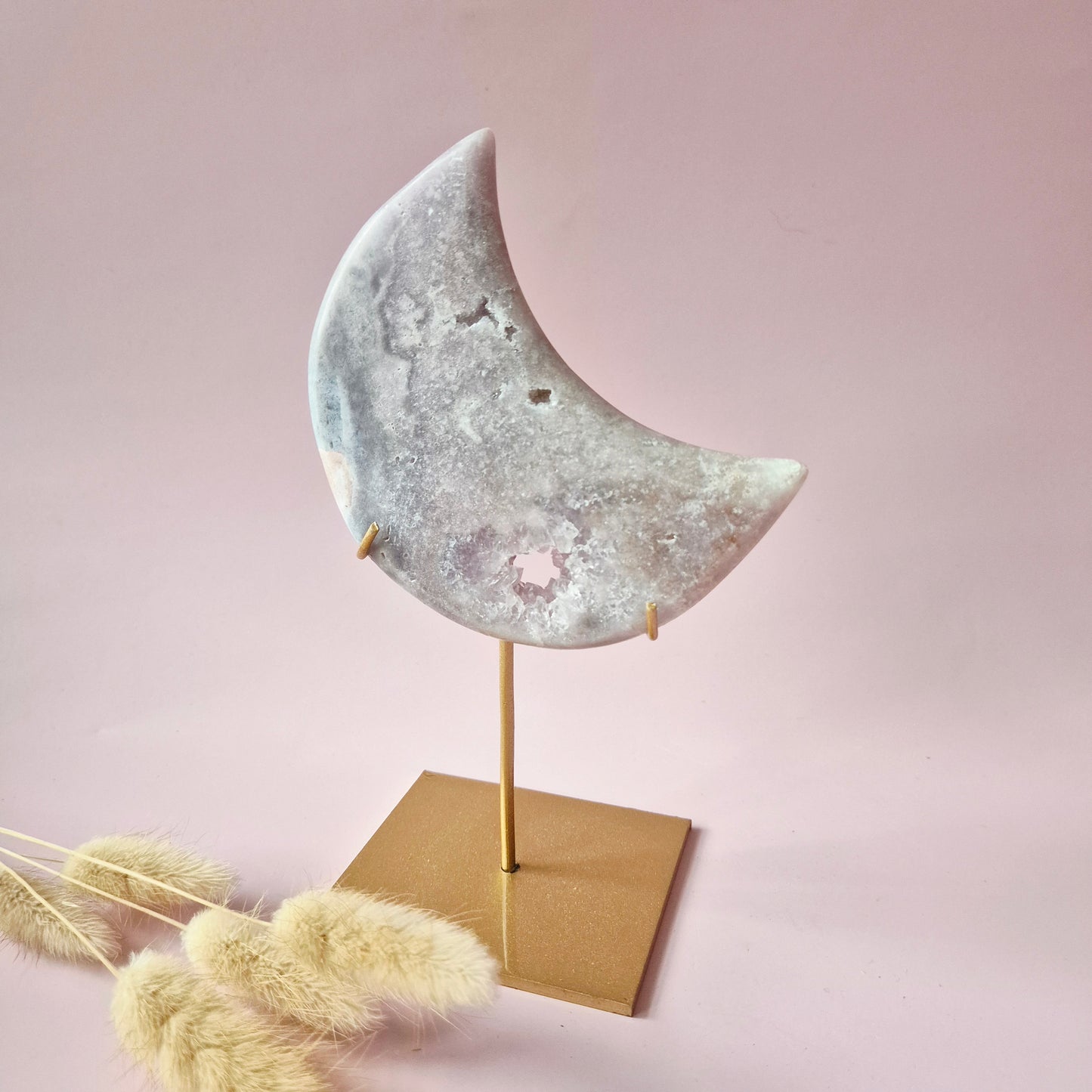 XL Edelsteen Druzy Pink Amethyst Maan – Hoge Kwaliteit #18 168g | incl. metalen standaard | uniek stuk Roze Amethist