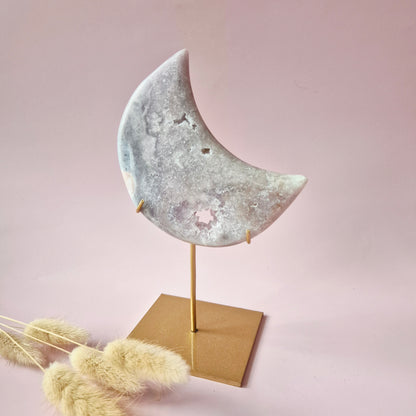 XL Edelsteen Druzy Pink Amethyst Maan – Hoge Kwaliteit #18 168g | incl. metalen standaard | uniek stuk Roze Amethist