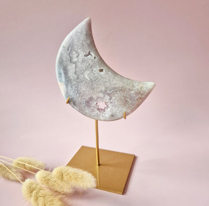 XL Edelsteen Druzy Pink Amethyst Maan – Hoge Kwaliteit #18 168g | incl. metalen standaard | uniek stuk Roze Amethist