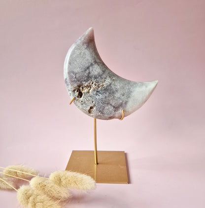 XL Edelsteen Druzy Pink Amethyst Maan – Hoge Kwaliteit #19 281g | incl. metalen standaard | uniek stuk Roze Amethist