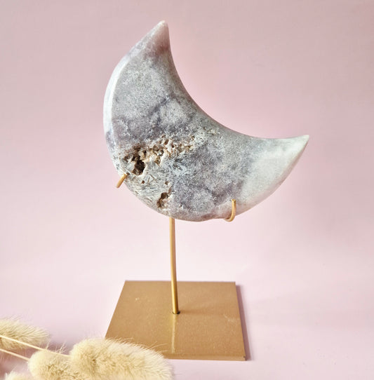 XL Edelsteen Druzy Pink Amethyst Maan – Hoge Kwaliteit #19 281g | incl. metalen standaard | uniek stuk Roze Amethist