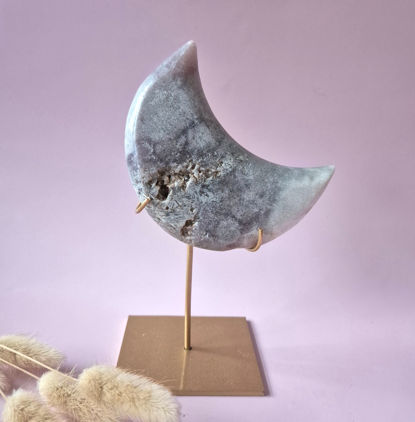 XL Edelsteen Druzy Pink Amethyst Maan – Hoge Kwaliteit #19 281g | incl. metalen standaard | uniek stuk Roze Amethist