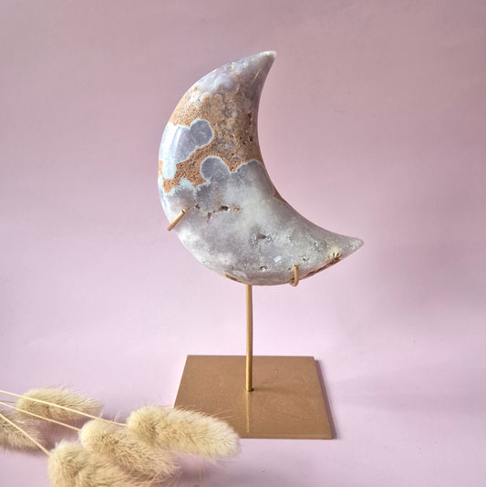 XL Edelsteen Druzy Pink Amethyst Maan – Hoge Kwaliteit #20 312g | incl. metalen standaard | uniek stuk Roze Amethist