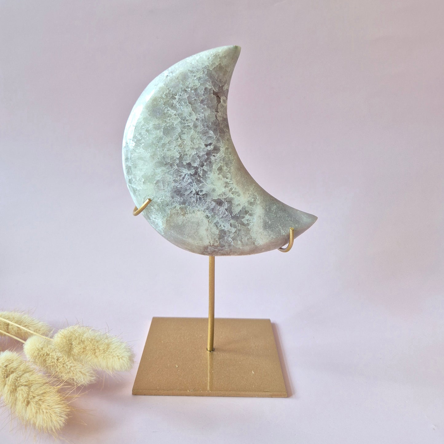 XL Edelsteen Druzy Pink Amethyst Maan – Hoge Kwaliteit #25 355g | incl. metalen standaard | uniek stuk Roze Amethist