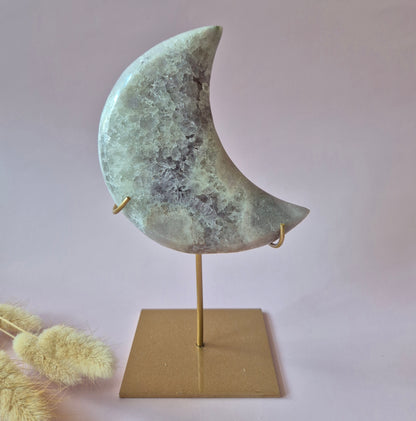 XL Edelsteen Druzy Pink Amethyst Maan – Hoge Kwaliteit #25 355g | incl. metalen standaard | uniek stuk Roze Amethist