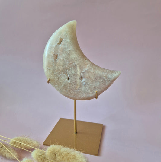 XL Edelsteen Druzy Pink Amethyst Maan – Hoge Kwaliteit #26 345g | incl. metalen standaard | uniek stuk Roze Amethist