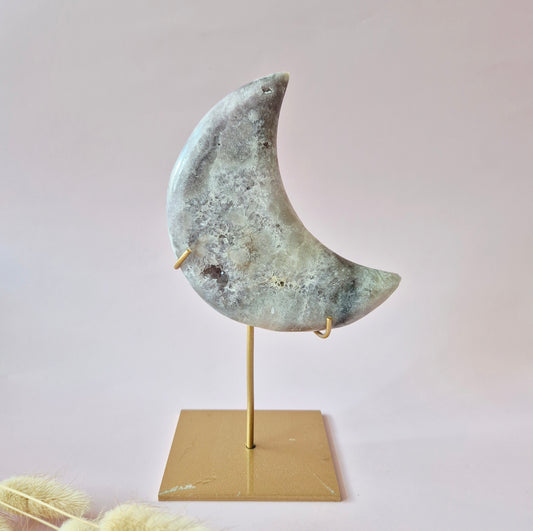 XL Edelsteen Druzy Pink Amethyst Maan – Hoge Kwaliteit #27 239g | incl. metalen standaard | uniek stuk Roze Amethist