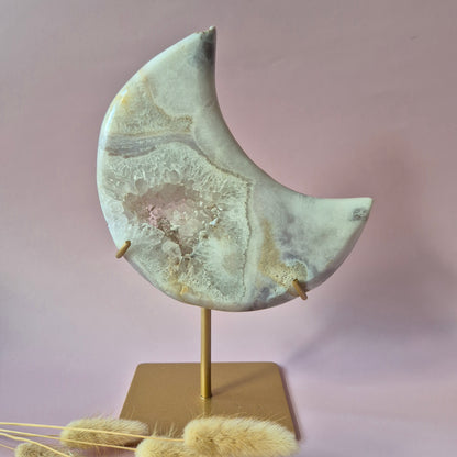 XL Edelsteen Druzy Pink Amethyst Maan – Hoge Kwaliteit 713g | incl. metalen standaard | uniek stuk Roze Amethist