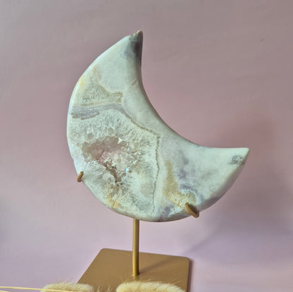 XL Edelsteen Druzy Pink Amethyst Maan – Hoge Kwaliteit 713g | incl. metalen standaard | uniek stuk Roze Amethist