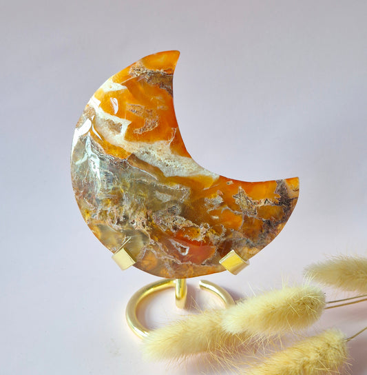 Rode Druzy Mosagaat Maan op standaard – 200g Edelsteen statement piece