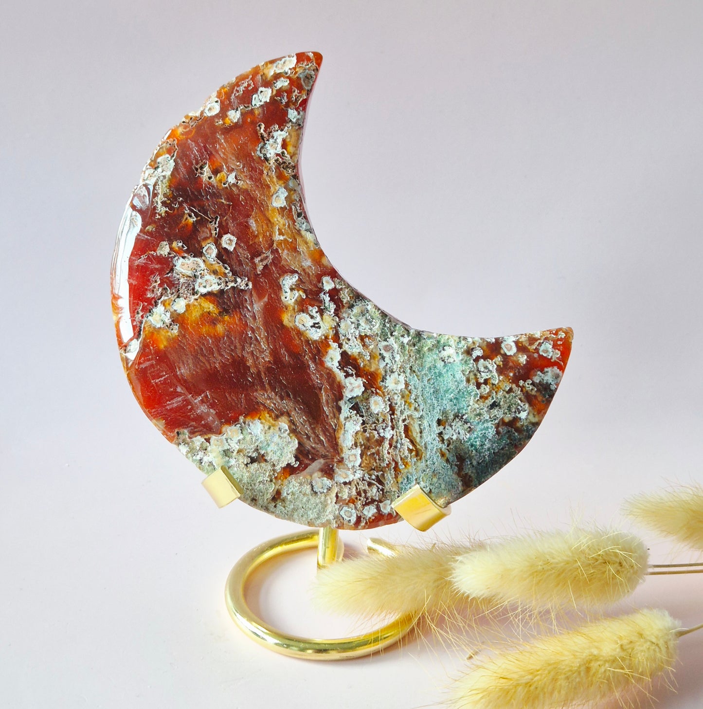 Roter Druzy-Moosachat-Mond (10-12 cm) auf Ständer – Nr. 3
