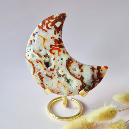 Roter Druzy-Moosachat-Mond (10-12 cm) auf Ständer – Nr. 3