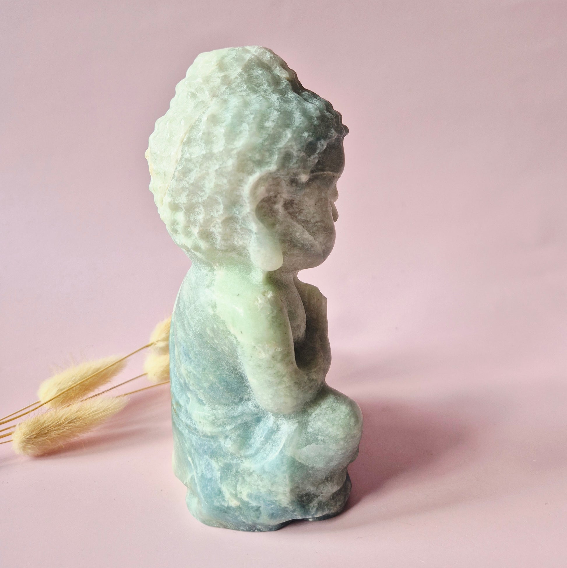 caribbean calcite buddha beeld blauw groen edelsteen meditatie decor 15 cm