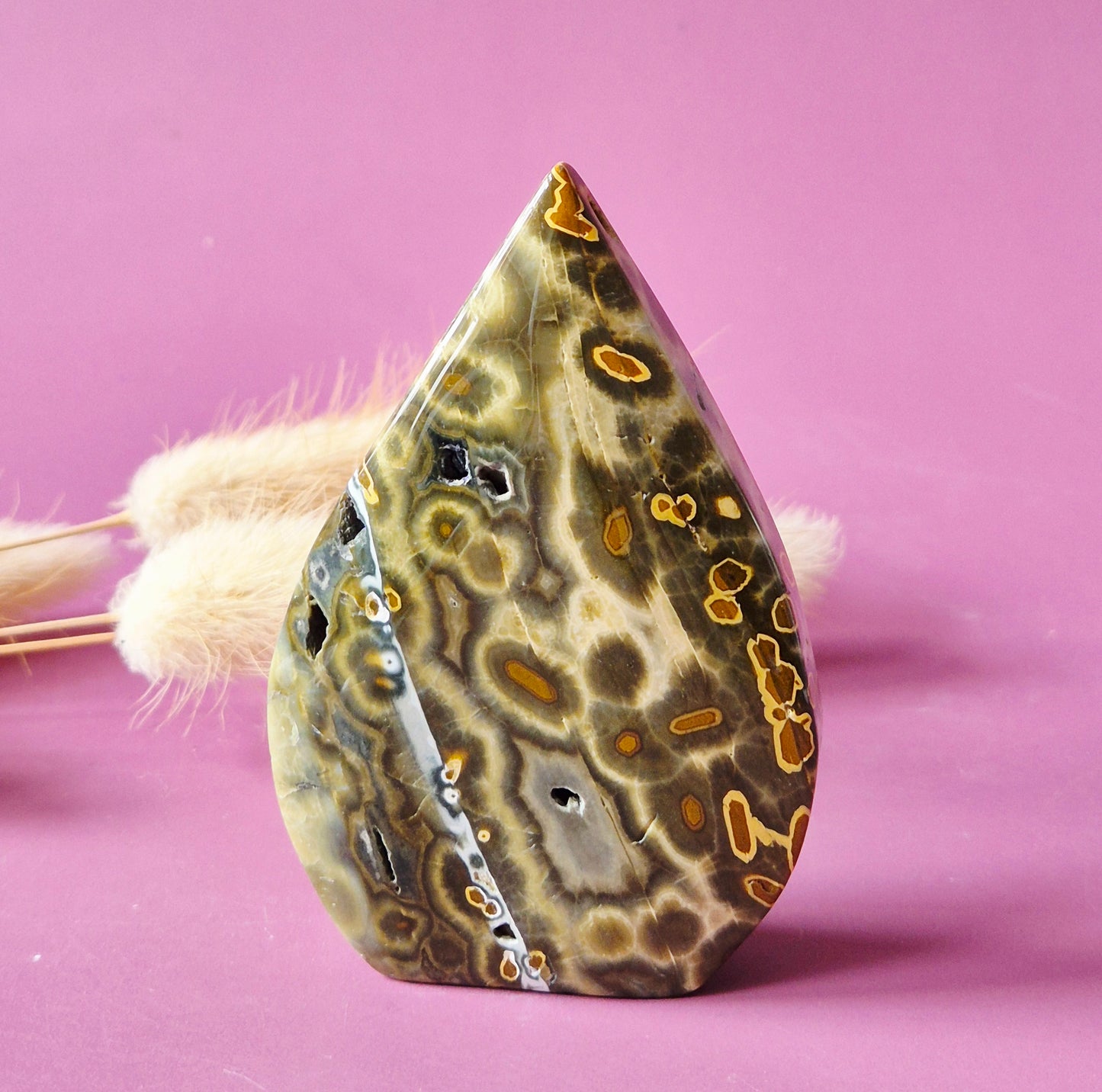 Moosachat – Drusenförmiger, flammenförmiger Edelsteinkristall – D. 12 x 5,5 cm, 215 Gramm Moosachat