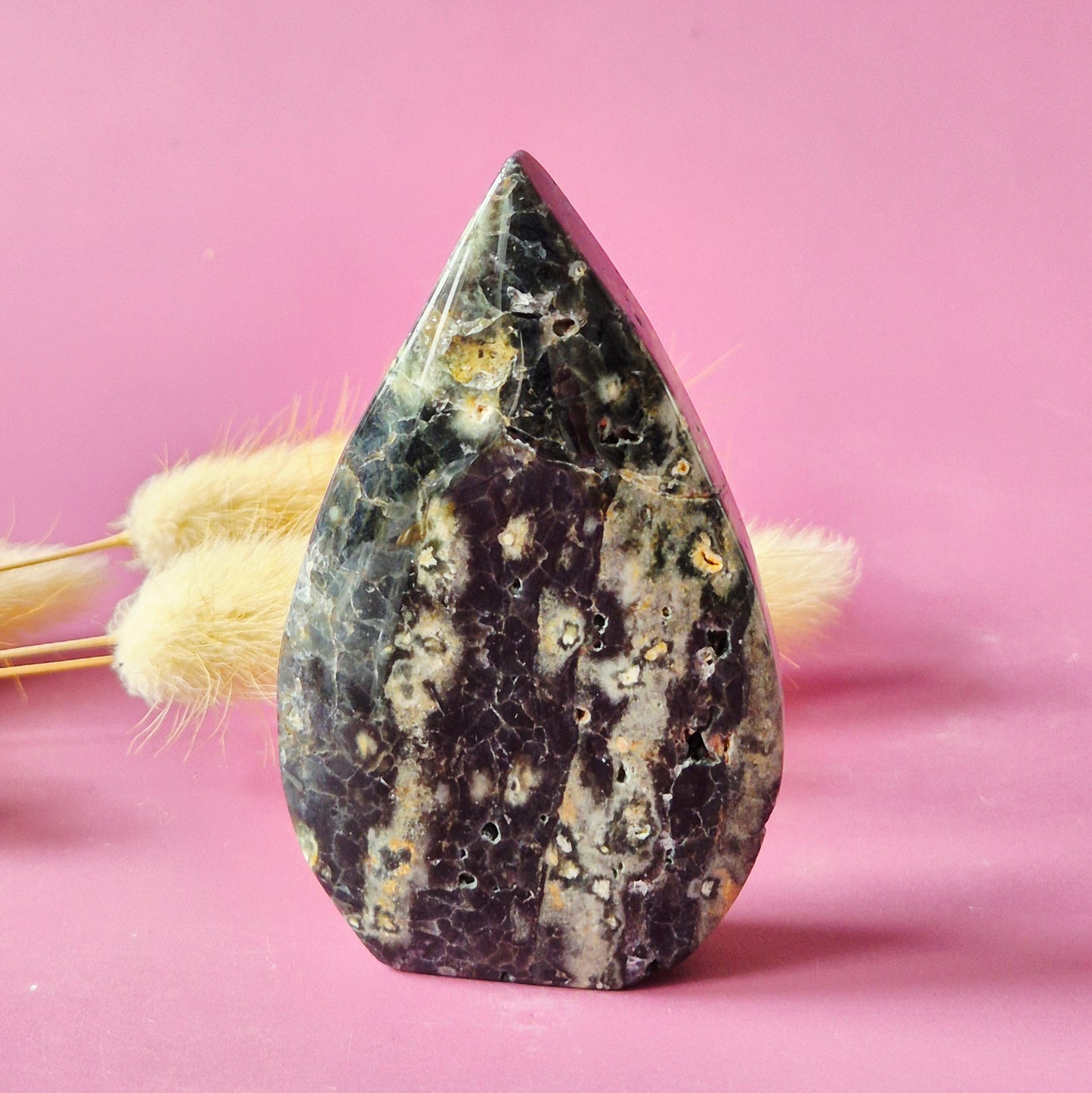 Moosachat – Drusenförmiger, flammenförmiger Edelsteinkristall – D. 12 x 5,5 cm, 215 Gramm Moosachat