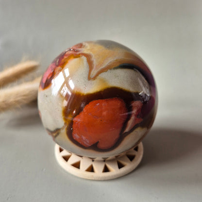 Ocean Jasper Polychroom Edelsteen Bol 74mm – Rood Oranje Uniek Patroon