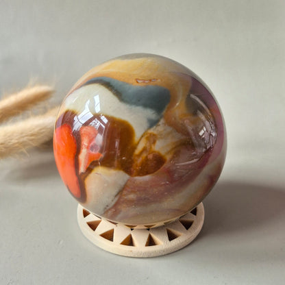 Ocean Jasper Polychroom Edelsteen Bol 74mm – Rood Oranje Uniek Patroon