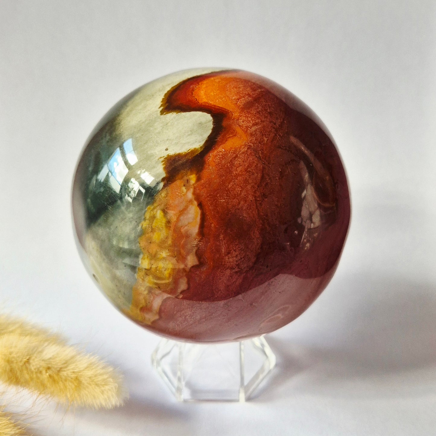 Ocean Jasper Polychroom Edelsteen Bol 90mm – Rood Oranje Uniek Patroon
