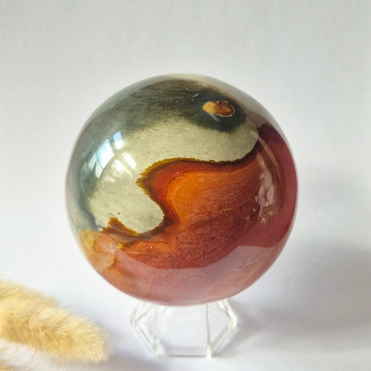 Ocean Jasper Polychroom Edelsteen Bol 90mm – Rood Oranje Uniek Patroon
