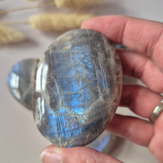 Ontdek de magische energie van een blauwe maansteen handsteen. Voor emotionele balans, intuïtie en rust. Een prachtig spiritueel cadeau.
