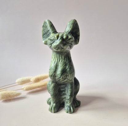 XL Edelstein-Katzenstatue aus Ozeanjaspis 16-18 cm – handgeschnitzt | Einzigartiges Dekorationsstück
