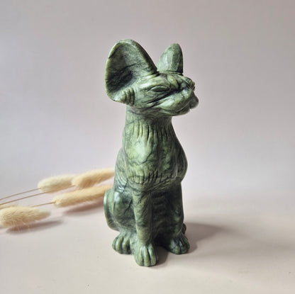 XL Edelstein-Katzenstatue aus Ozeanjaspis 16-18 cm – handgeschnitzt | Einzigartiges Dekorationsstück