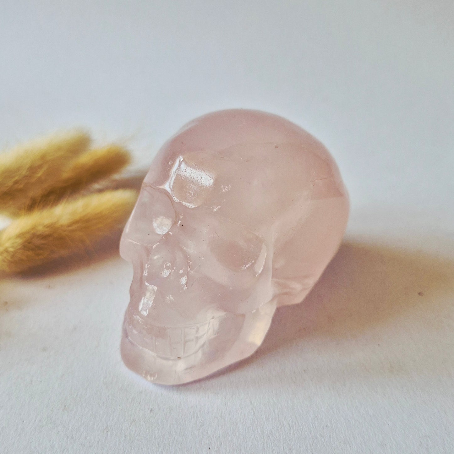 XXL Rozenkwarts Schedel 9cm – Handgesneden Rose Quartz Skull