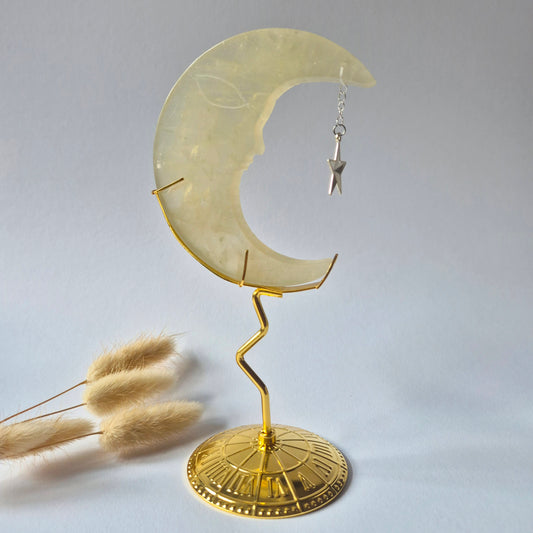 Rosenquarzmond mit Silberstern – 10cm | Edelstein-Gesichtsgravur Spirituelles Interieur
