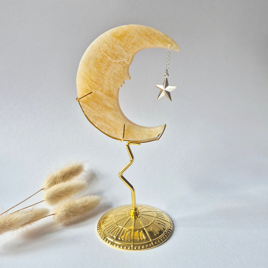 Rosenquarzmond mit Silberstern – 10cm | Edelstein-Gesichtsgravur Spirituelles Interieur