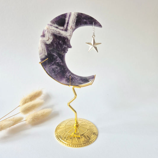 Rosenquarzmond mit Silberstern – 10cm | Edelstein-Gesichtsgravur Spirituelles Interieur