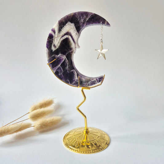 Rosenquarzmond mit Silberstern – 10cm | Edelstein-Gesichtsgravur Spirituelles Interieur