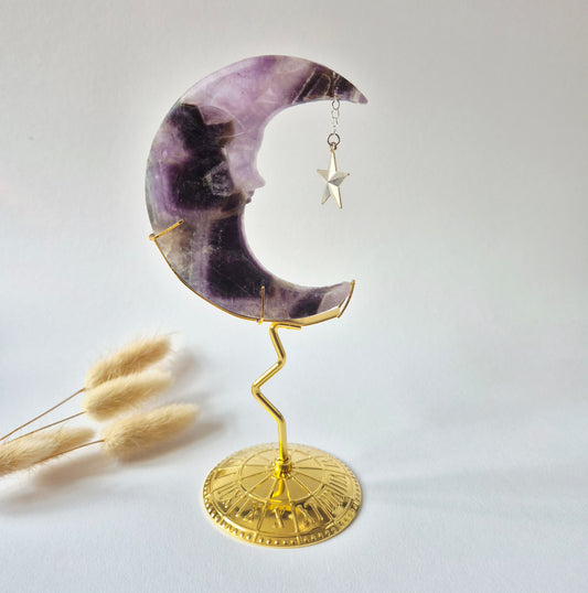 Rosenquarzmond mit Silberstern – 10cm | Edelstein-Gesichtsgravur Spirituelles Interieur