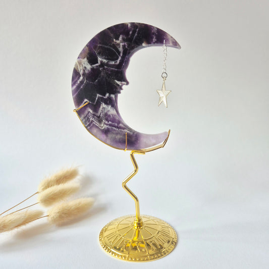 Rosenquarzmond mit Silberstern – 10cm | Edelstein-Gesichtsgravur Spirituelles Interieur