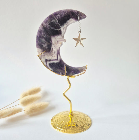 Rosenquarzmond mit Silberstern – 10cm | Edelstein-Gesichtsgravur Spirituelles Interieur