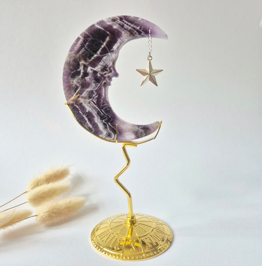 Rosenquarzmond mit Silberstern – 10cm | Edelstein-Gesichtsgravur Spirituelles Interieur