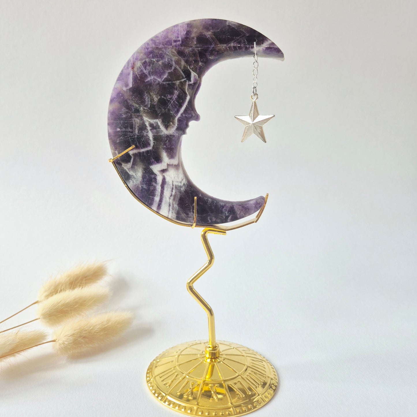 XL Gemstone Moss Agate Moon on Stand (Druzy &amp; Patterns) #158 - 400g 12,7cm