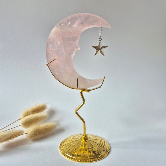 Rosenquarzmond mit Silberstern – 10cm | Edelstein-Gesichtsgravur Spirituelles Interieur