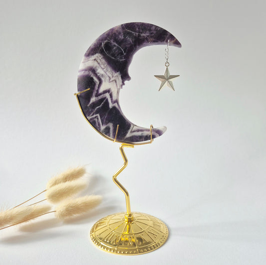 Rosenquarzmond mit Silberstern – 10cm | Edelstein-Gesichtsgravur Spirituelles Interieur