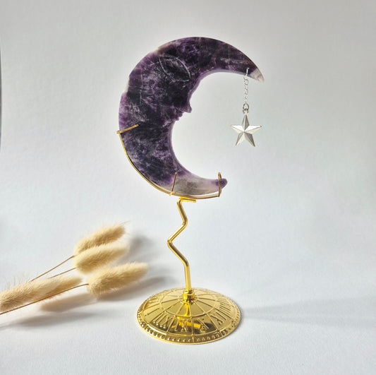 Rosenquarzmond mit Silberstern – 10cm | Edelstein-Gesichtsgravur Spirituelles Interieur