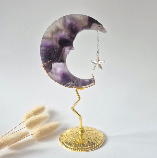 Rosenquarzmond mit Silberstern – 10cm | Edelstein-Gesichtsgravur Spirituelles Interieur