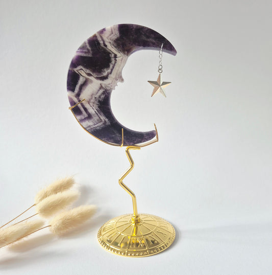 Rosenquarzmond mit Silberstern – 10cm | Edelstein-Gesichtsgravur Spirituelles Interieur
