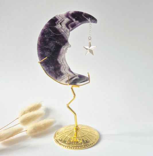 Rosenquarzmond mit Silberstern – 10cm | Edelstein-Gesichtsgravur Spirituelles Interieur