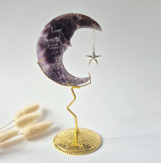 Rosenquarzmond mit Silberstern – 10cm | Edelstein-Gesichtsgravur Spirituelles Interieur