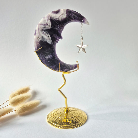 Rosenquarzmond mit Silberstern – 10cm | Edelstein-Gesichtsgravur Spirituelles Interieur
